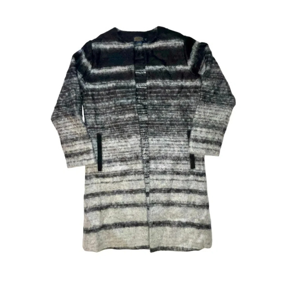 Pendleton Striped Long Open Front Jacket Slit Pockets Wool Mohair Size Petite